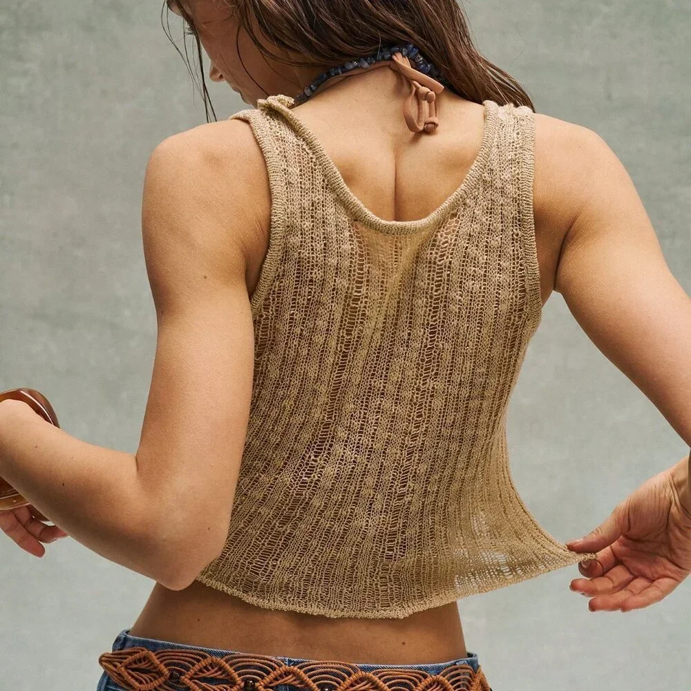 Blue Casual Women's Embroidered Cropped Knit Tank Top